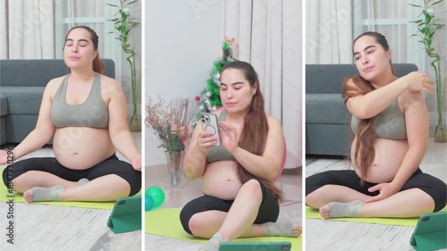 Pregnant woman, stretching and exercise on floor in home for pelvic strength, maternity fitness and improve flexibility. Girl, living room and prenatal yoga for circulation, back pain and posture. 