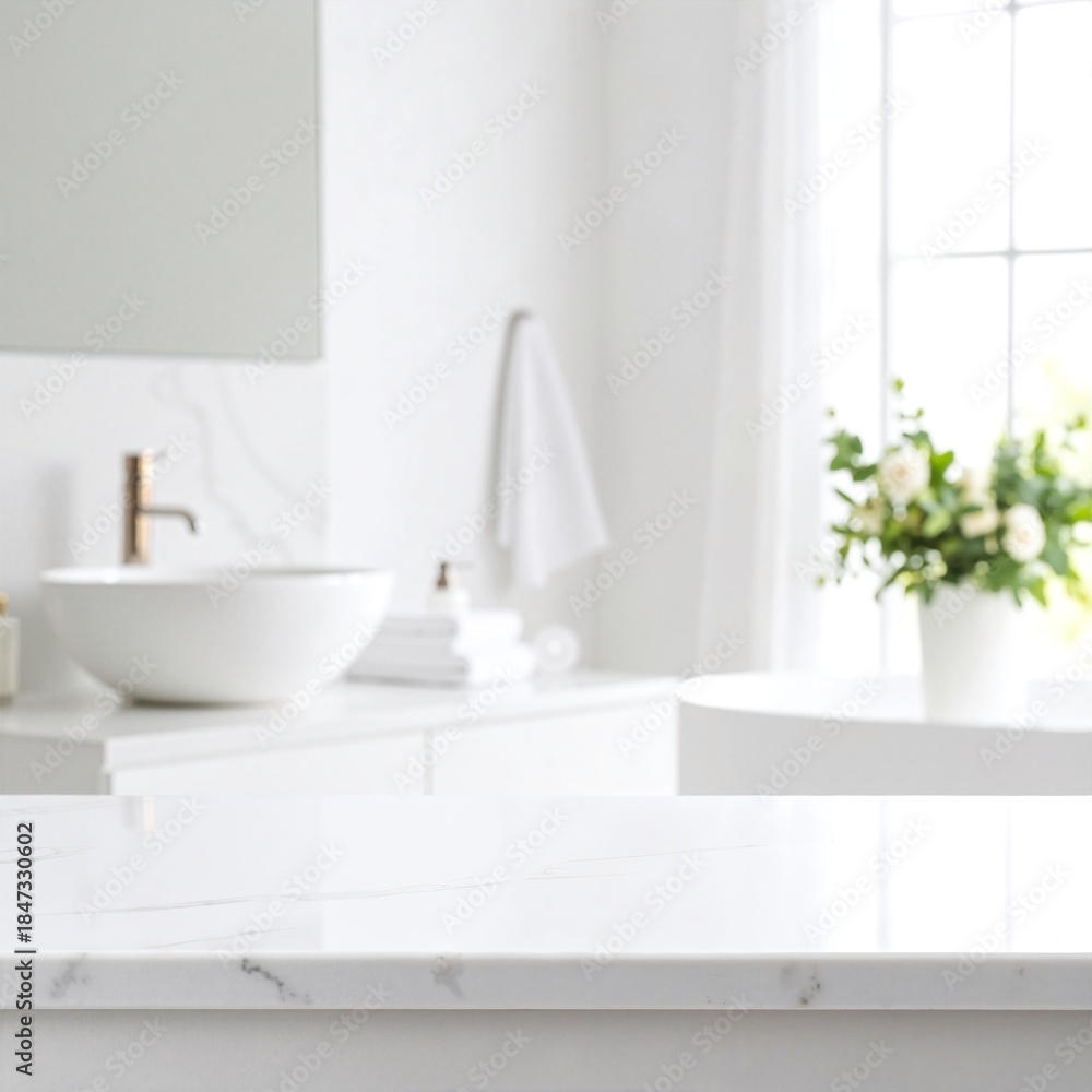 Fototapeta premium A sleek, modern white bathroom sink with a polished chrome faucet, surrounded by elegant marble countertops and soft, ambient lighting.