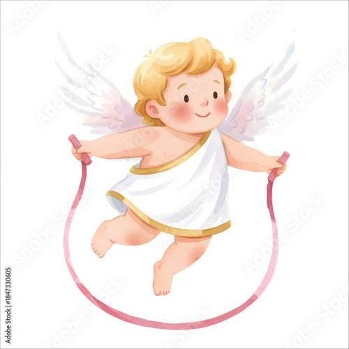 Cute Cupid Angel Jump Rope Watercolor Vector Illustration Isolated on White Background
