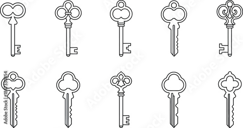A collection of antique gold skeleton key silhouettes and vintage metal lock icons displayed alongside a set of victorian cutlery vectors in a retro house security illustration