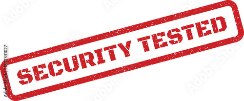 A textured rubber stamp impression featuring the words SECURITY TESTED within a rectangular frame, signifying a verified system assessment