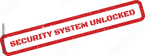 A textured rubber stamp impression displaying the message SECURITY SYSTEM UNLOCKED within a rectangular frame, indicating system access