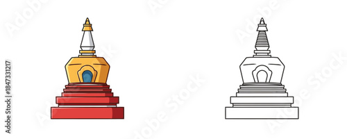 Vector illustration of a traditional Buddhist stupa or temple structure in red and gold with white elements in two styles a color drawing and a black outline design