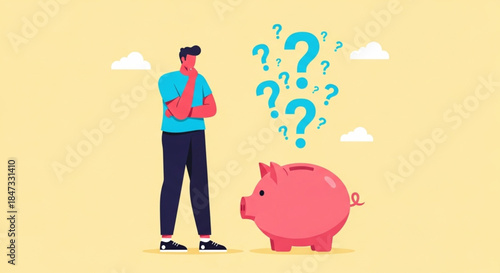 Confused Man Contemplating Piggy Bank Savings Concept Illustration with Question Marks on Yellow Background