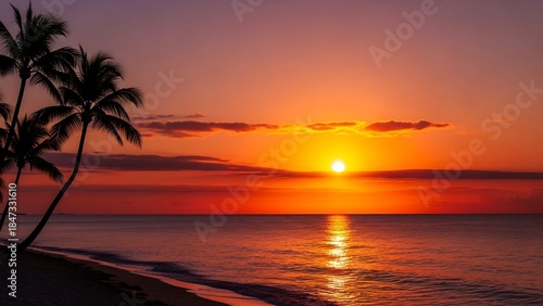 Fototapeta Naklejka Na Ścianę i Meble -  Tropical beach sunset with palm trees and vibrant colors.