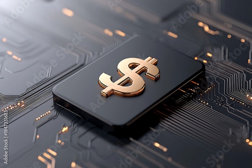 Gold Dollar Symbol on Black Card with Circuit Patterns in Futuristic Digital Background