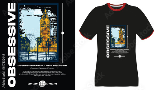 T-Shirt Design: London Landmark with "Obsessive" Text and OCD Description