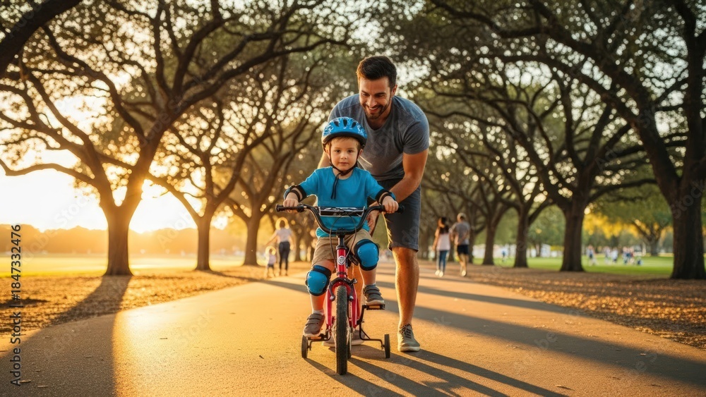 Fototapeta premium A man assisting a young child riding a bicycle on a tree-lined path during sunset with warm tones.