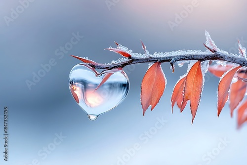 Heart-Shaped Ice Drop on Autumn Leaf Branch Reflects Soft Light and Frosty Background