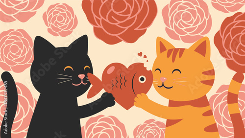 Black Cat and Orange Cat Sharing Heart.