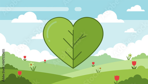 Heart-shaped green leaf symbolizing love for nature and environmental protection in a beautiful landscape.