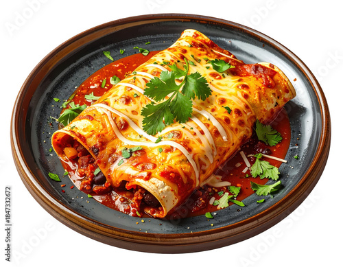 Close-up of a delicious and flavorful enchilada on a dark plate