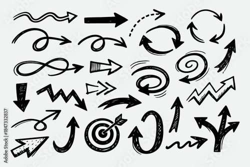 Hand Drawn Sketch Arrow Set for Infographic Design in Black and White Vector Style