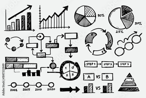 Hand Drawn Chart and Diagram Doodles for Infographic Vector Design in Monochrome