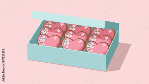 Box of heart-shaped pink cookies with white icing decorations, perfect for a sweet gift.