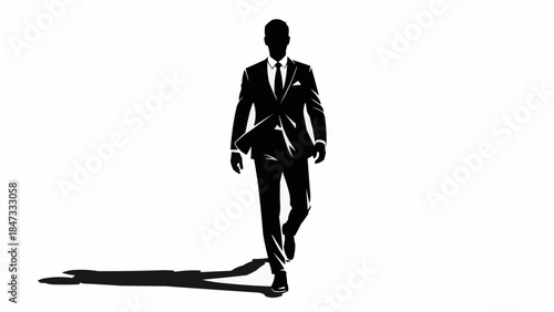 Silhouette of a businessman walking with a long shadow.