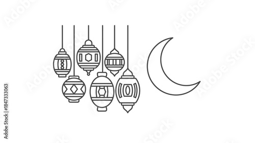 Black and white line art illustration of traditional Islamic lanterns and a crescent moon, symbolizing Ramadan and Eid celebrations.