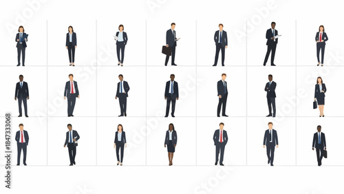 Collection of diverse business professionals in formal attire standing against a white background.