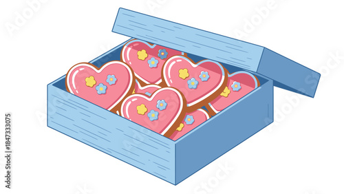 Heart-shaped cookies with pink icing and star sprinkles in an open blue box, a sweet treat for celebrations.