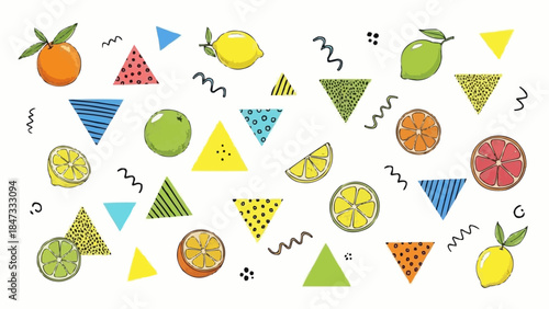 Vibrant Citrus Fruits and Geometric Shapes Pattern.
