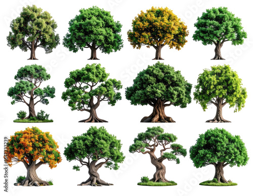 Twelve diverse trees, showcasing varying foliage and trunk styles