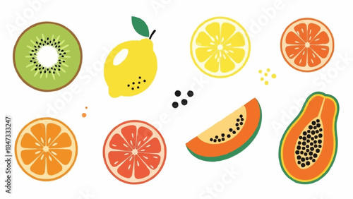 Collection of Fresh Tropical Fruits Sliced and Whole.
