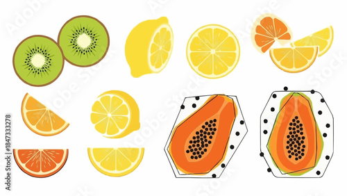 Assortment of Fresh Tropical Fruits and Citrus Slices.