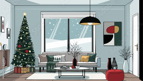 Cozy Living Room with Christmas Tree and Snowfall View.