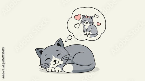 A serene flat design illustration featuring a cute cartoon cat peacefully sleeping, with dream bubbles full of hearts, symbolizing sweet dreams of love. 