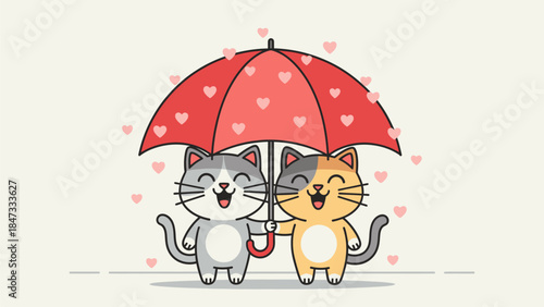 An intimate flat design illustration depicting two cute cartoon cats sharing an umbrella amidst a gentle shower of hearts, symbolizing protection and shared love.