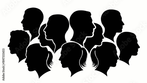 Diverse group of people silhouettes facing different directions.