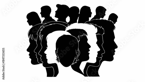Diverse group of people in silhouette facing different directions.