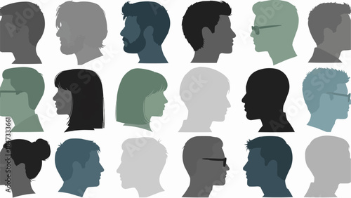 Diverse group of people profiles in silhouette and color.