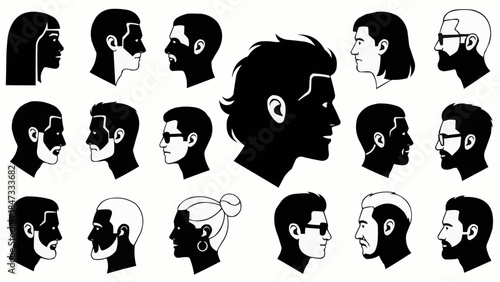 Collection of Diverse Human Profile Silhouettes in Black and White.