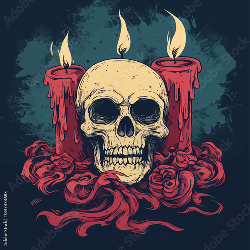 A skull and candles create a spooky, mystical arrangement , vector style simple color