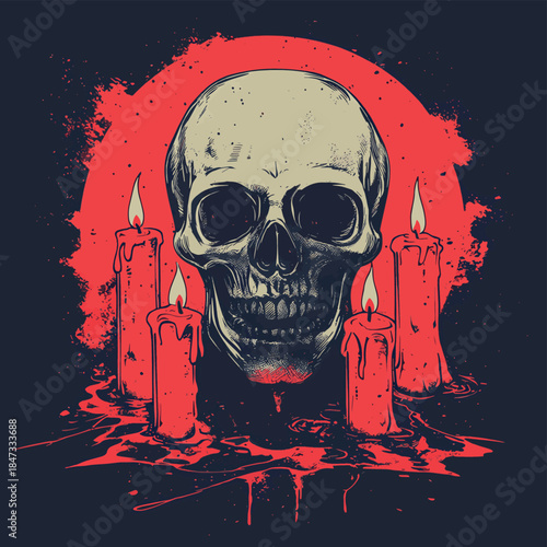 A skull and candles create a spooky, mystical arrangement , vector style simple color