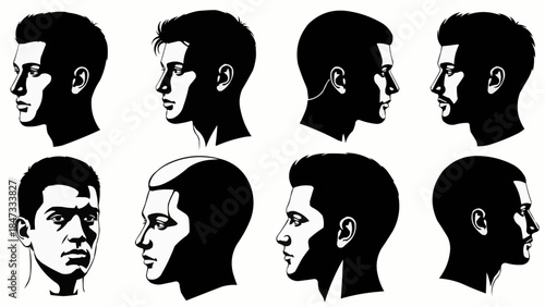 Collection of Diverse Male Head Profiles and Frontal Views in Silhouette and Line Art.