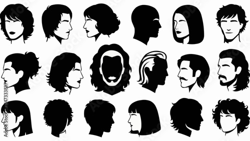 Collection of Diverse Human Head Silhouettes in Profile and Front Views.