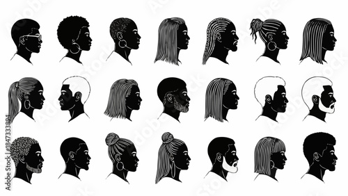 Diverse Collection of Human Profile Silhouettes Showcasing Various Hairstyles and Features.