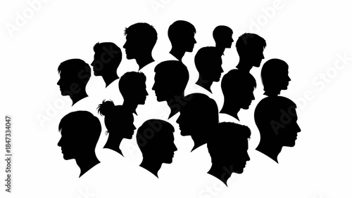 Diverse group of people silhouettes facing different directions.