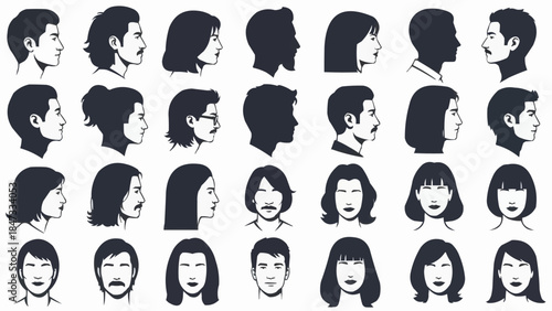Collection of diverse human head silhouettes in profile and frontal views.
