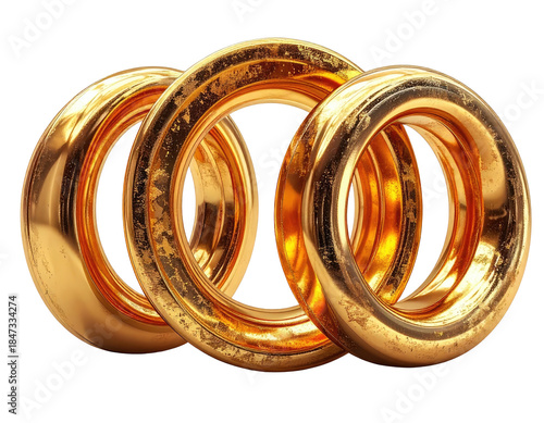 Gleaming golden rings, close-up, overlapping, against a black backdrop