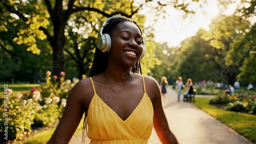 Woman in yellow dress listens to music in a park
