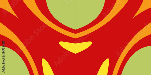 Vibrant abstract design with bold red and yellow curves on green background