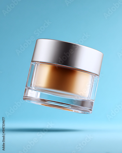 Floating Jar of Cream on a Light Blue Background Shows Product Design and Branding