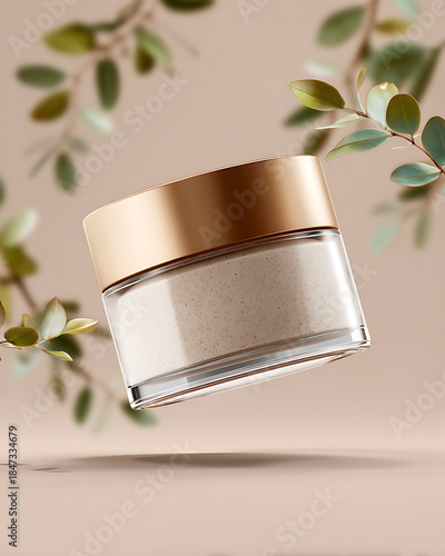 Floating Container of Skincare Product With a Gold Lid and Leaves in the Background During Daylight