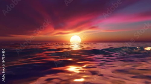 Vibrant sunset over the ocean, with waves reflecting the warm, colorful light from the horizon