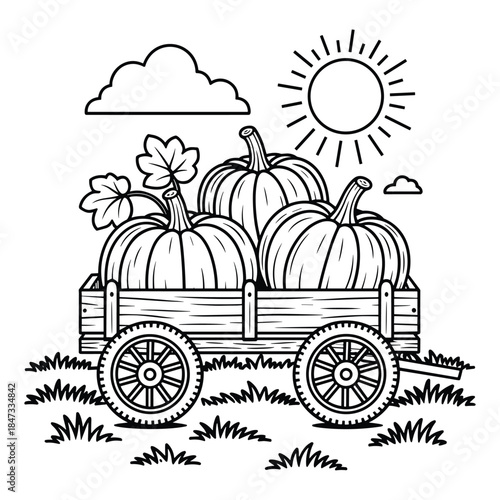 Autumn harvest wagon filled with pumpkins under a sunny sky cart
