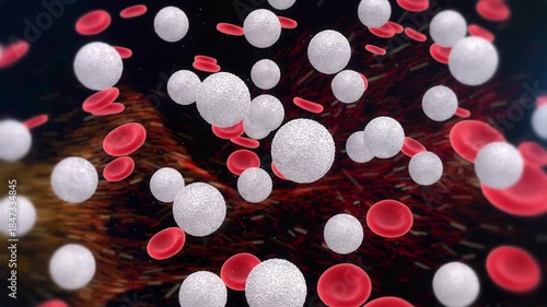 Close-up view of white blood cells and red blood cells rich in hemoglobin flowing through a human vein, showing blood circulation, immune system activity, and medical science concept.