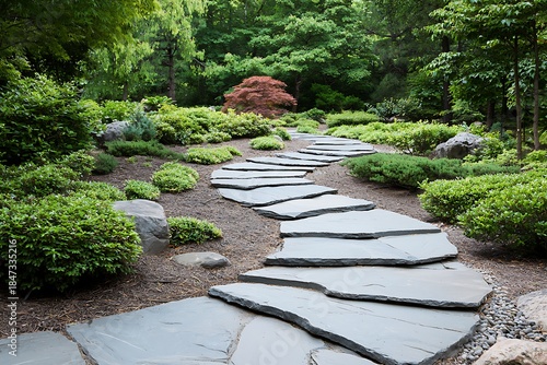 Serene Garden Pathway with Natural Stone Tiles Surrounded by Lush Greenery and Trees